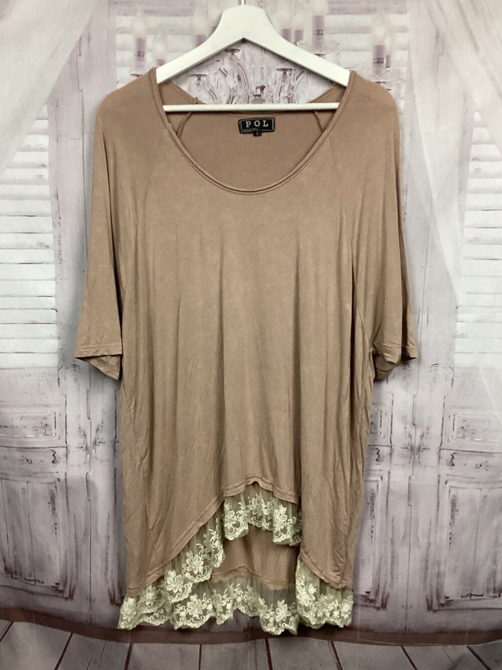 POL Tan Tunic Blouse Lace Trimmed Size L